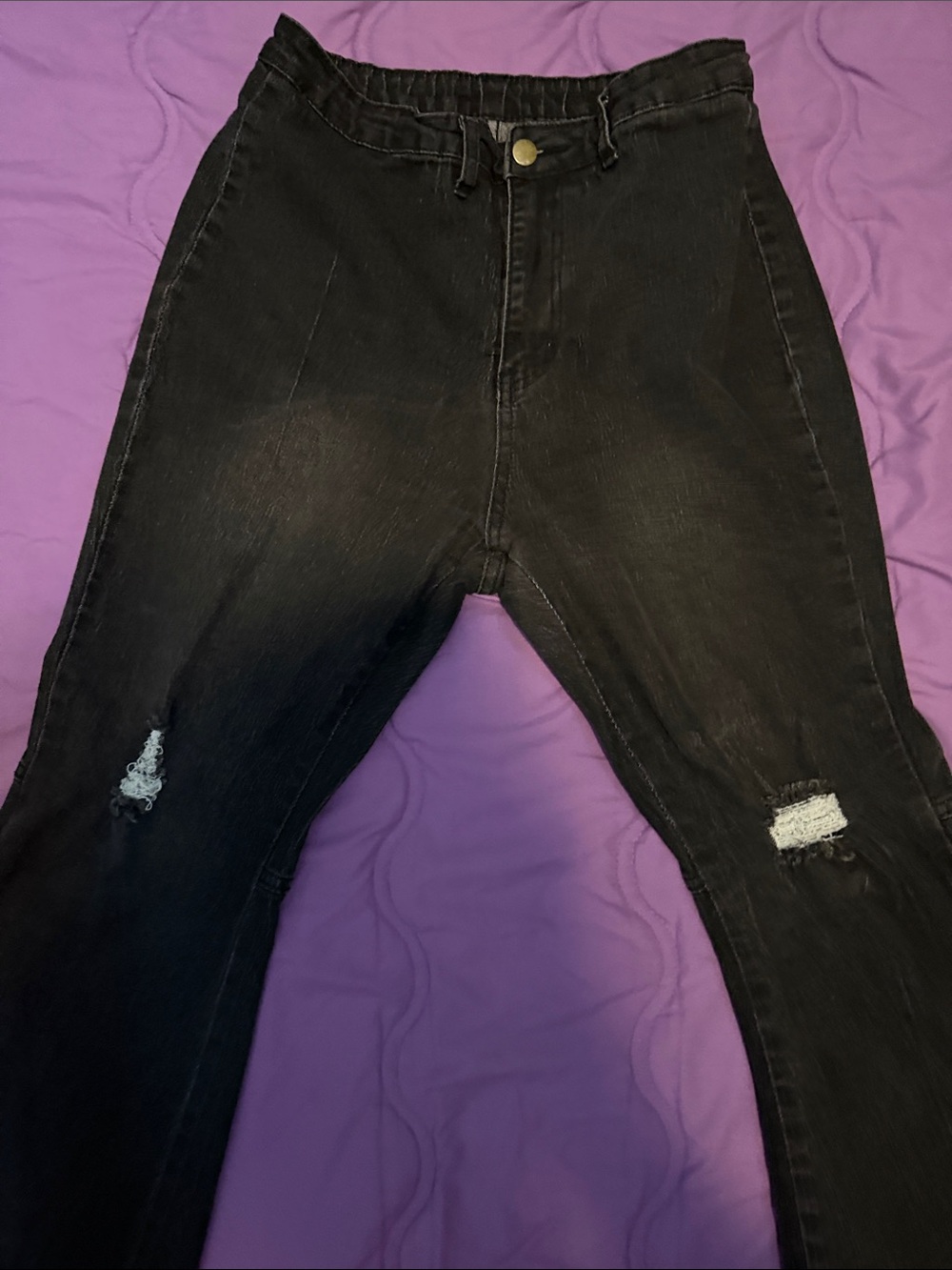 High-Rise Black Flare Jeans with Distressed Knees - Picture 3 of 5